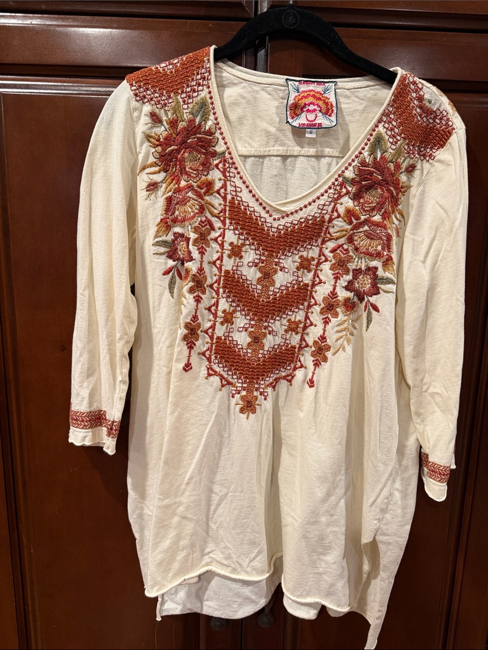 JOHNNY WAS Embroidered Boho Tunic Top with Rust Floral Accents